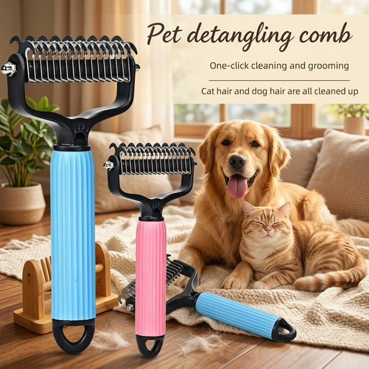 🐱🐶Double-Sided Cat & Dog Deshedding Dematting Comb - Undercoat Rake Grooming Tool, Matted Fur Remover for Long-Haired Pets, Grooming Accessories (Mid-Year Sale, Restock, DFYD, Deals for You Day Summerwins), Deshedding Tool